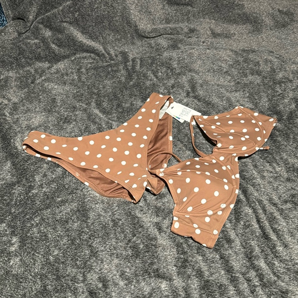 Brown and White Polka Dot Bikini. Time and True. Size Large. (12-14).